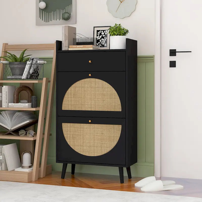 Rattan, 2-türiger 1-schubladen-Schrank, Schuhregal, doppelte Ebene, geeignet für den Eingangsbereich