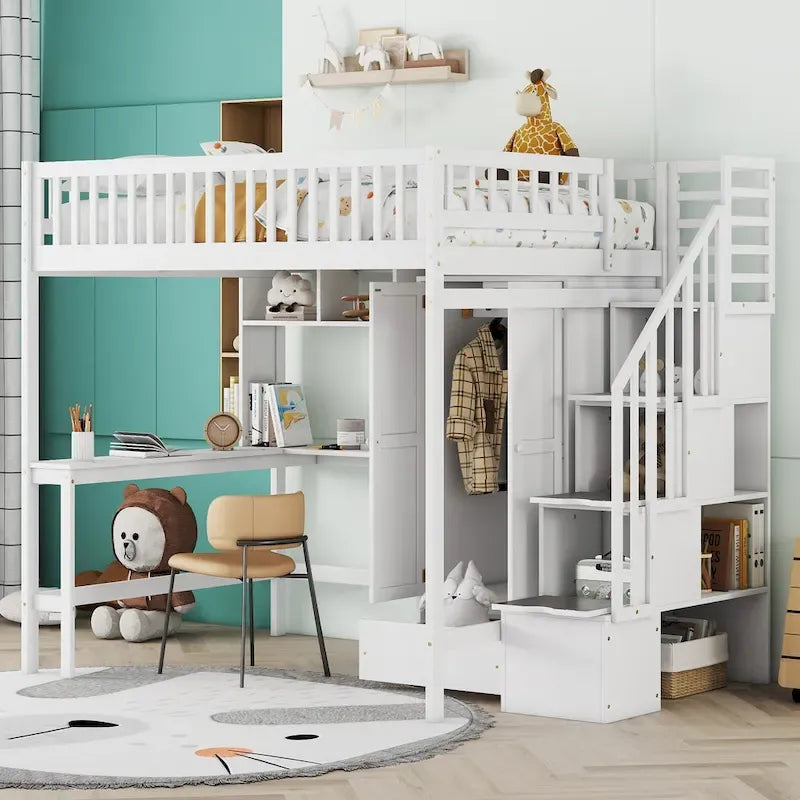 Lit mezzanine nordique créatif en bois avec bibliothèque, tiroirs, bureau et armoire de rangement pour enfants, adolescents et adultes