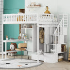 Lit mezzanine nordique créatif en bois avec bibliothèque, tiroirs, bureau et armoire de rangement pour enfants, adolescents et adultes