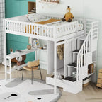 Lit mezzanine nordique créatif en bois avec bibliothèque, tiroirs, bureau et armoire de rangement pour enfants, adolescents et adultes