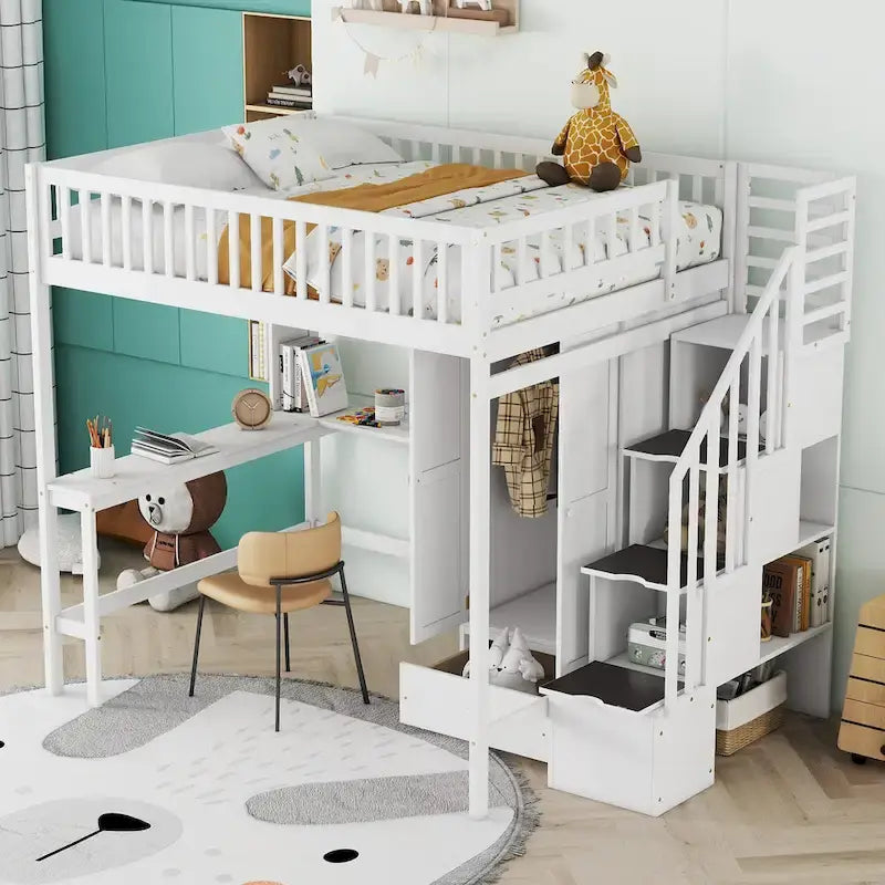 Lit mezzanine nordique créatif en bois avec bibliothèque, tiroirs, bureau et armoire de rangement pour enfants, adolescents et adultes