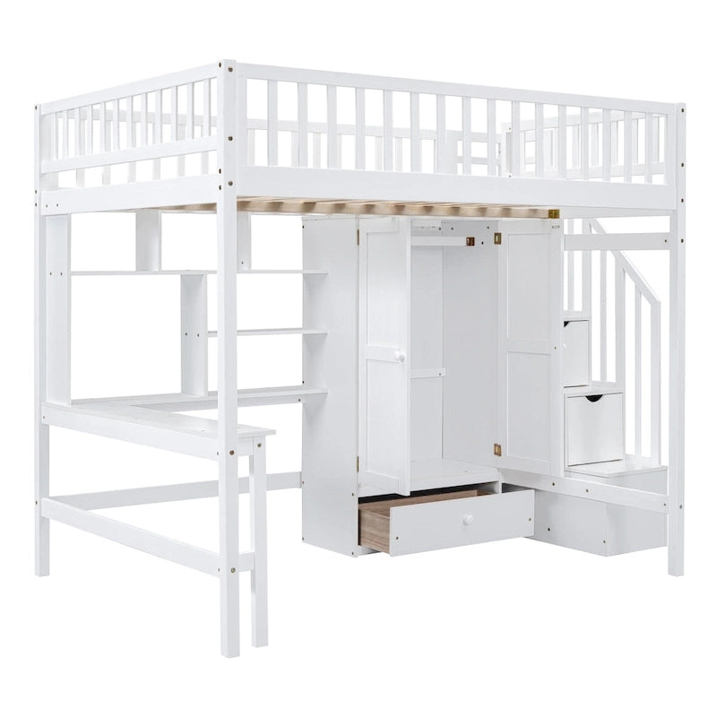 Lit mezzanine nordique créatif en bois avec bibliothèque, tiroirs, bureau et armoire de rangement pour enfants, adolescents et adultes