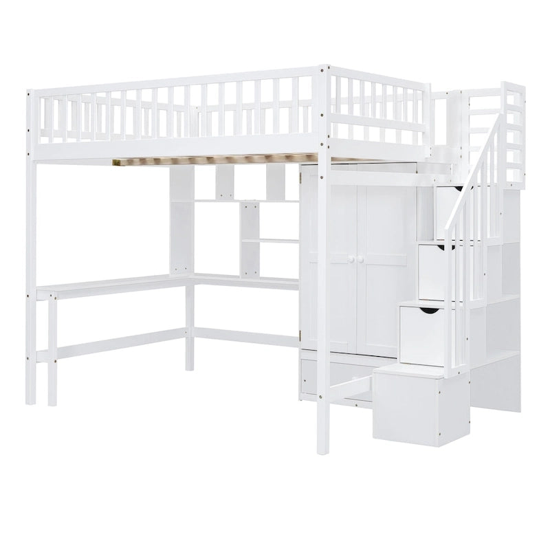 Lit mezzanine nordique créatif en bois avec bibliothèque, tiroirs, bureau et armoire de rangement pour enfants, adolescents et adultes