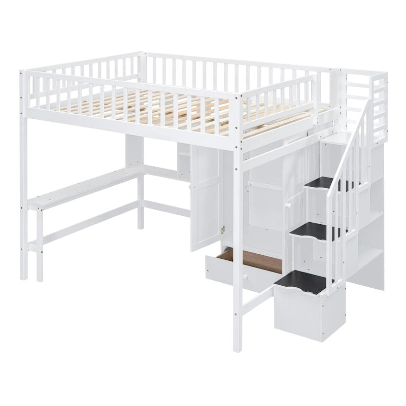 Lit mezzanine nordique créatif en bois avec bibliothèque, tiroirs, bureau et armoire de rangement pour enfants, adolescents et adultes