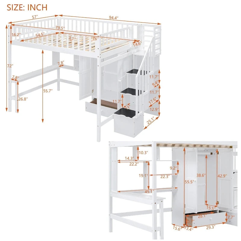 Lit mezzanine nordique créatif en bois avec bibliothèque, tiroirs, bureau et armoire de rangement pour enfants, adolescents et adultes