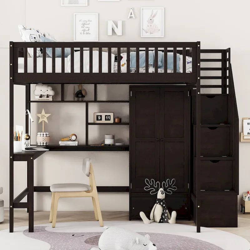 Lit mezzanine nordique créatif en bois avec bibliothèque, tiroirs, bureau et armoire de rangement pour enfants, adolescents et adultes