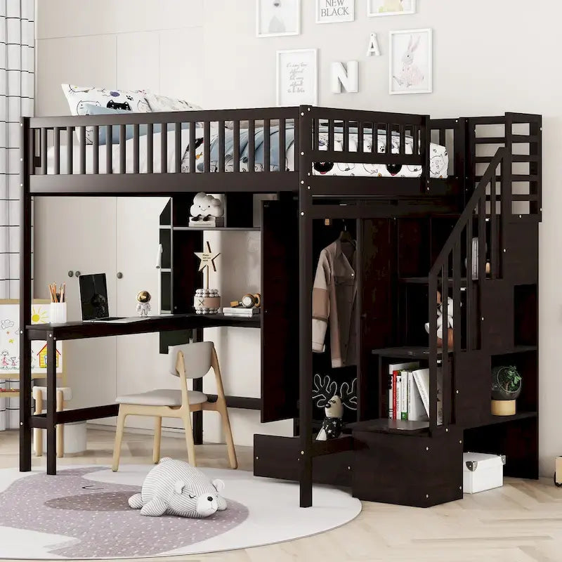Lit mezzanine nordique créatif en bois avec bibliothèque, tiroirs, bureau et armoire de rangement pour enfants, adolescents et adultes