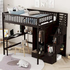 Lit mezzanine nordique créatif en bois avec bibliothèque, tiroirs, bureau et armoire de rangement pour enfants, adolescents et adultes