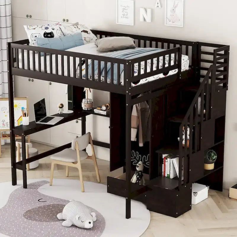 Lit mezzanine nordique créatif en bois avec bibliothèque, tiroirs, bureau et armoire de rangement pour enfants, adolescents et adultes