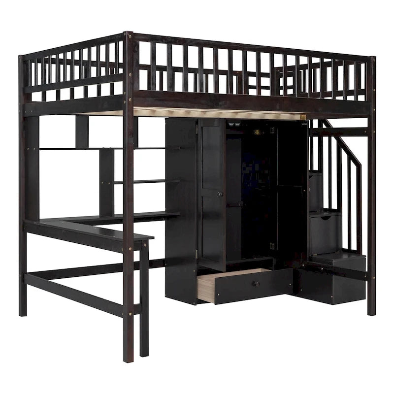 Lit mezzanine nordique créatif en bois avec bibliothèque, tiroirs, bureau et armoire de rangement pour enfants, adolescents et adultes