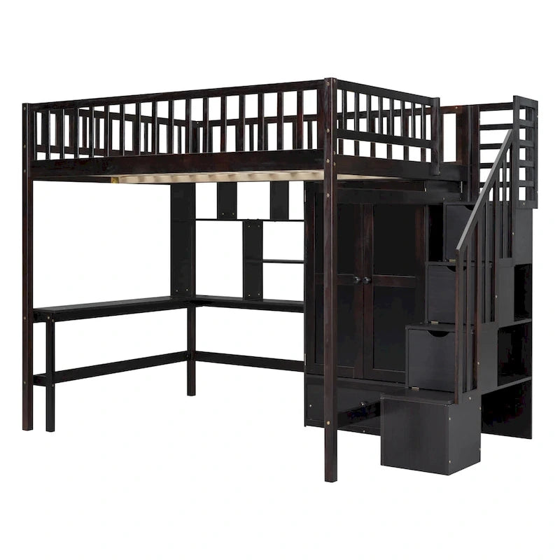 Lit mezzanine nordique créatif en bois avec bibliothèque, tiroirs, bureau et armoire de rangement pour enfants, adolescents et adultes