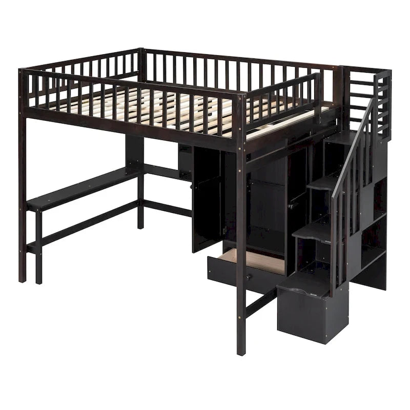 Lit mezzanine nordique créatif en bois avec bibliothèque, tiroirs, bureau et armoire de rangement pour enfants, adolescents et adultes