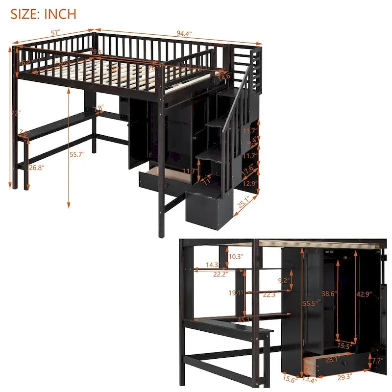 Lit mezzanine nordique créatif en bois avec bibliothèque, tiroirs, bureau et armoire de rangement pour enfants, adolescents et adultes