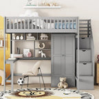 Lit mezzanine nordique créatif en bois avec bibliothèque, tiroirs, bureau et armoire de rangement pour enfants, adolescents et adultes
