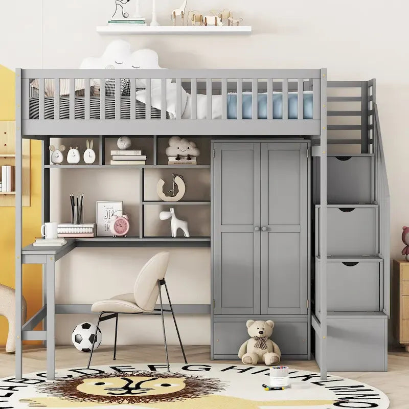 Lit mezzanine nordique créatif en bois avec bibliothèque, tiroirs, bureau et armoire de rangement pour enfants, adolescents et adultes