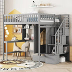 Lit mezzanine nordique créatif en bois avec bibliothèque, tiroirs, bureau et armoire de rangement pour enfants, adolescents et adultes