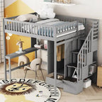 Lit mezzanine nordique créatif en bois avec bibliothèque, tiroirs, bureau et armoire de rangement pour enfants, adolescents et adultes