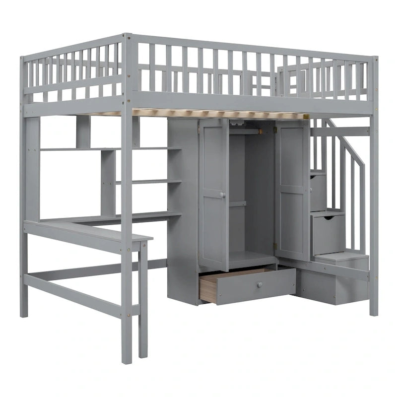 Lit mezzanine nordique créatif en bois avec bibliothèque, tiroirs, bureau et armoire de rangement pour enfants, adolescents et adultes