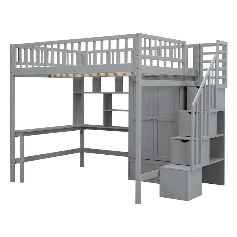 Lit mezzanine nordique créatif en bois avec bibliothèque, tiroirs, bureau et armoire de rangement pour enfants, adolescents et adultes