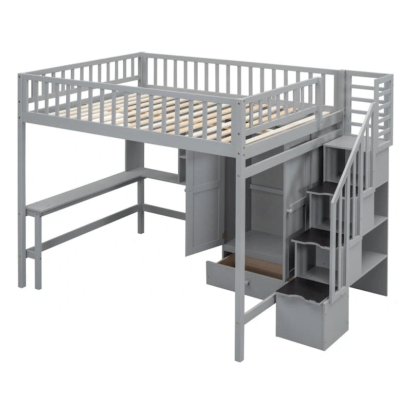 Lit mezzanine nordique créatif en bois avec bibliothèque, tiroirs, bureau et armoire de rangement pour enfants, adolescents et adultes
