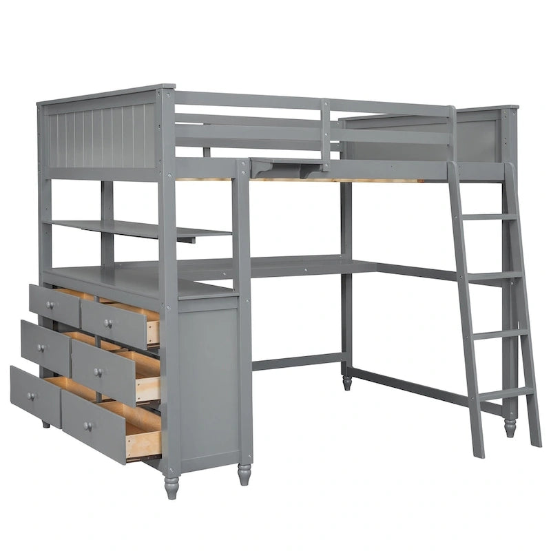 Hochbett mit Schubladen und Schreibtisch, Hochbett aus Holz mit Regalen