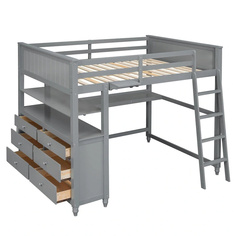 Hochbett mit Schubladen und Schreibtisch, Hochbett aus Holz mit Regalen