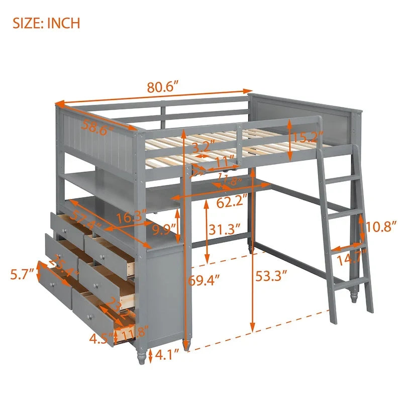 Hochbett mit Schubladen und Schreibtisch, Hochbett aus Holz mit Regalen