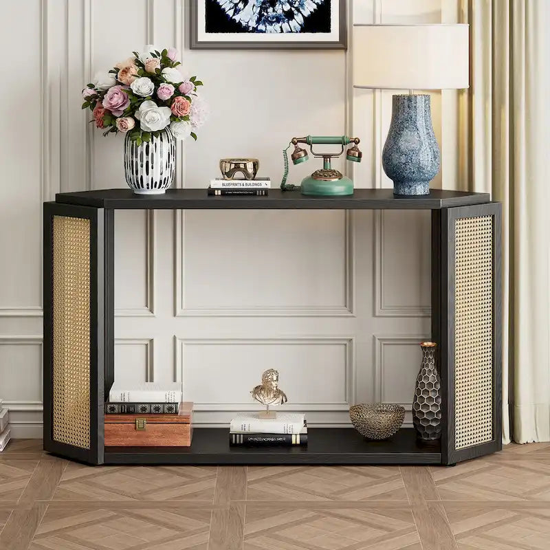 Model Narrow Entryway Table,Irregular Top with Rattan for Living Room