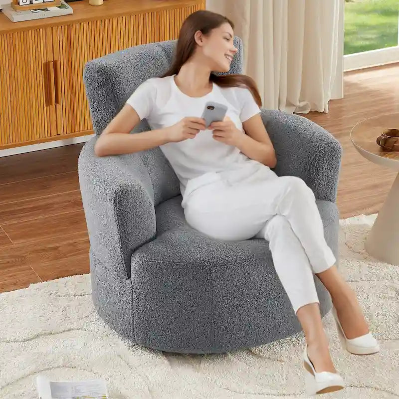 360° Drehstuhl, gepolsterter Barrel Chair mit verstellbarer Kopfstütze, drehbarer runder Sofasessel für das Wohnzimmer