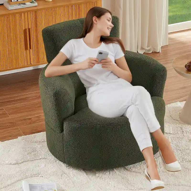 360° Drehstuhl, gepolsterter Barrel Chair mit verstellbarer Kopfstütze, drehbarer runder Sofasessel für das Wohnzimmer