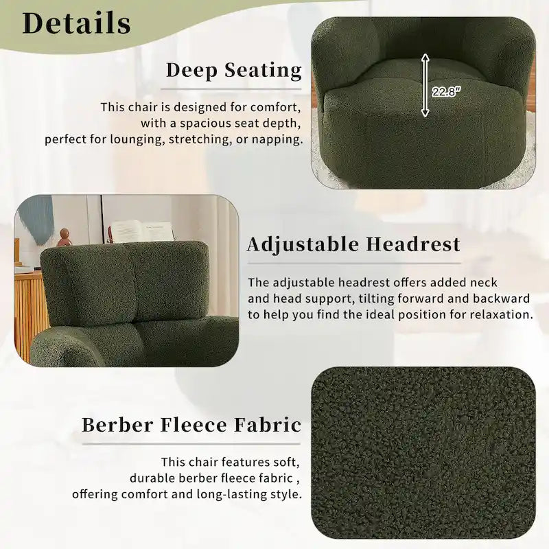 360° Drehstuhl, gepolsterter Barrel Chair mit verstellbarer Kopfstütze, drehbarer runder Sofasessel für das Wohnzimmer