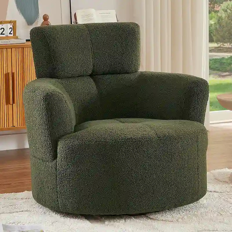 360° Drehstuhl, gepolsterter Barrel Chair mit verstellbarer Kopfstütze, drehbarer runder Sofasessel für das Wohnzimmer