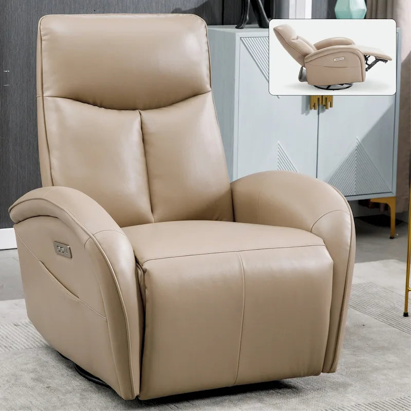 Poltrona relax elettrica girevole a 270° in similpelle con dondolo, 2 tasche laterali, porte USB e Type-C