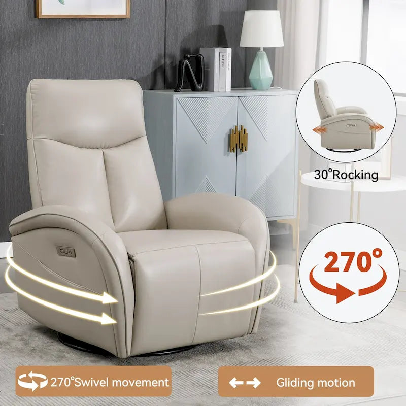 Poltrona relax elettrica girevole a 270° in similpelle con dondolo, 2 tasche laterali, porte USB e Type-C