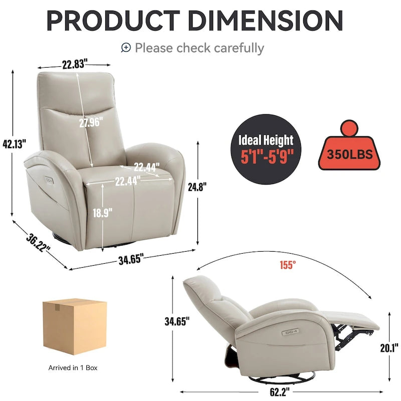 Fauteuil inclinable électrique en similicuir pivotant à 270°, avec fonction de bascule et de glisse, 2 poches latérales, ports USB et Type-C