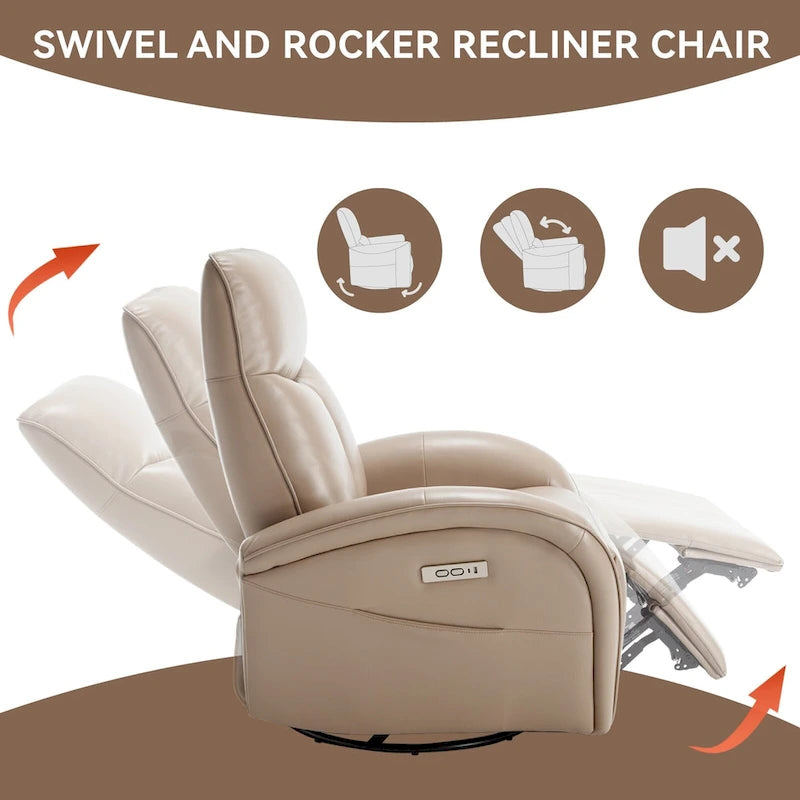 Fauteuil inclinable électrique en similicuir pivotant à 270°, avec fonction de bascule et de glisse, 2 poches latérales, ports USB et Type-C