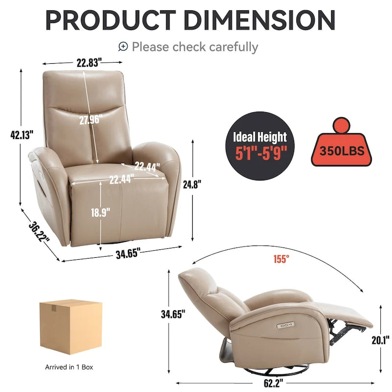 Fauteuil inclinable électrique en similicuir pivotant à 270°, avec fonction de bascule et de glisse, 2 poches latérales, ports USB et Type-C