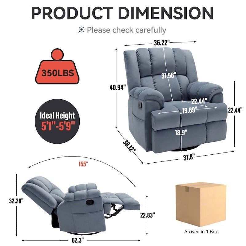 Green Oversized Manual Recliner with 360 Swivel and Rocking Feature, Fabric Upholstery for Living Room Comfort