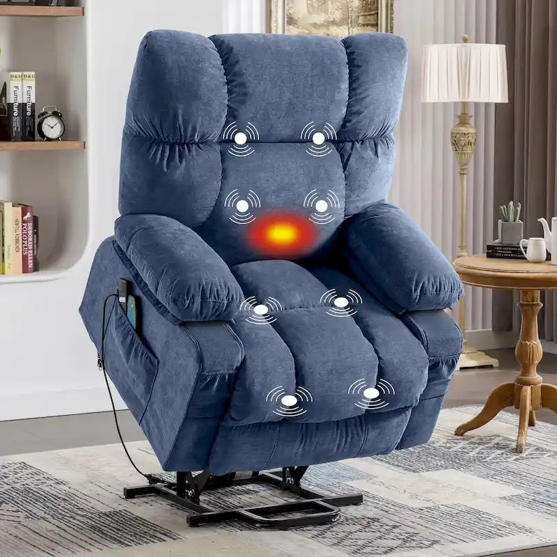 Poltrona relax alzapersona blu con funzione riscaldante, massaggiante, ricarica USB, vano portaoggetti laterale e telecomando