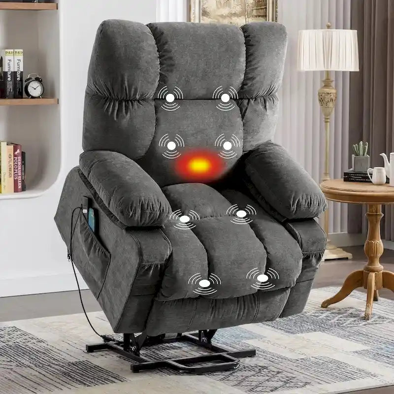 Poltrona relax alzapersona blu con funzione riscaldante, massaggiante, ricarica USB, vano portaoggetti laterale e telecomando