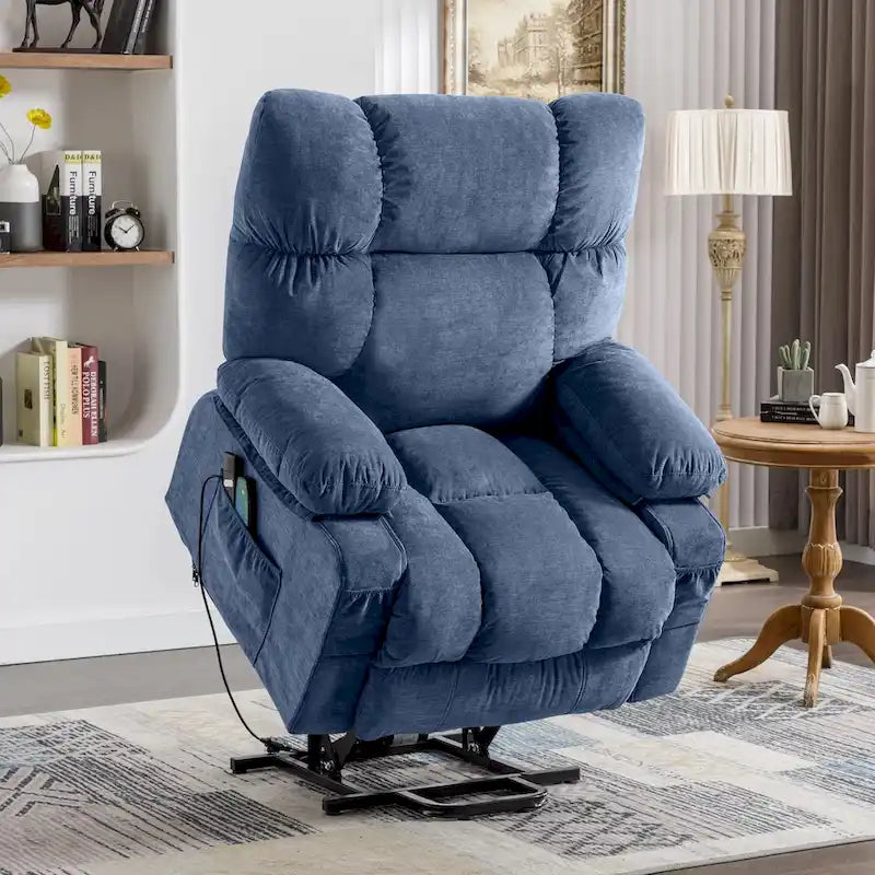 Poltrona relax alzapersona blu con funzione riscaldante, massaggiante, ricarica USB, vano portaoggetti laterale e telecomando