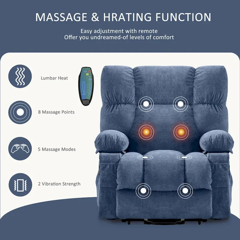 Blauer Power-Aufstehsessel mit Wärmefunktion, Massage, USB-Ladefunktion, seitlicher Aufbewahrung und Fernbedienung