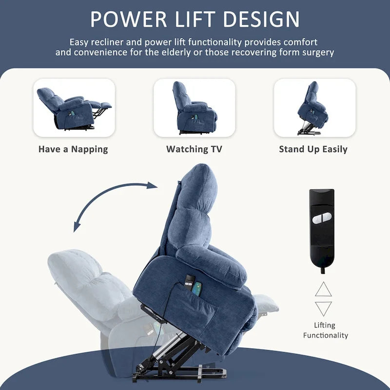 Blauer Power-Aufstehsessel mit Wärmefunktion, Massage, USB-Ladefunktion, seitlicher Aufbewahrung und Fernbedienung