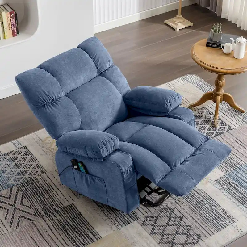 Blauer Power-Aufstehsessel mit Wärmefunktion, Massage, USB-Ladefunktion, seitlicher Aufbewahrung und Fernbedienung