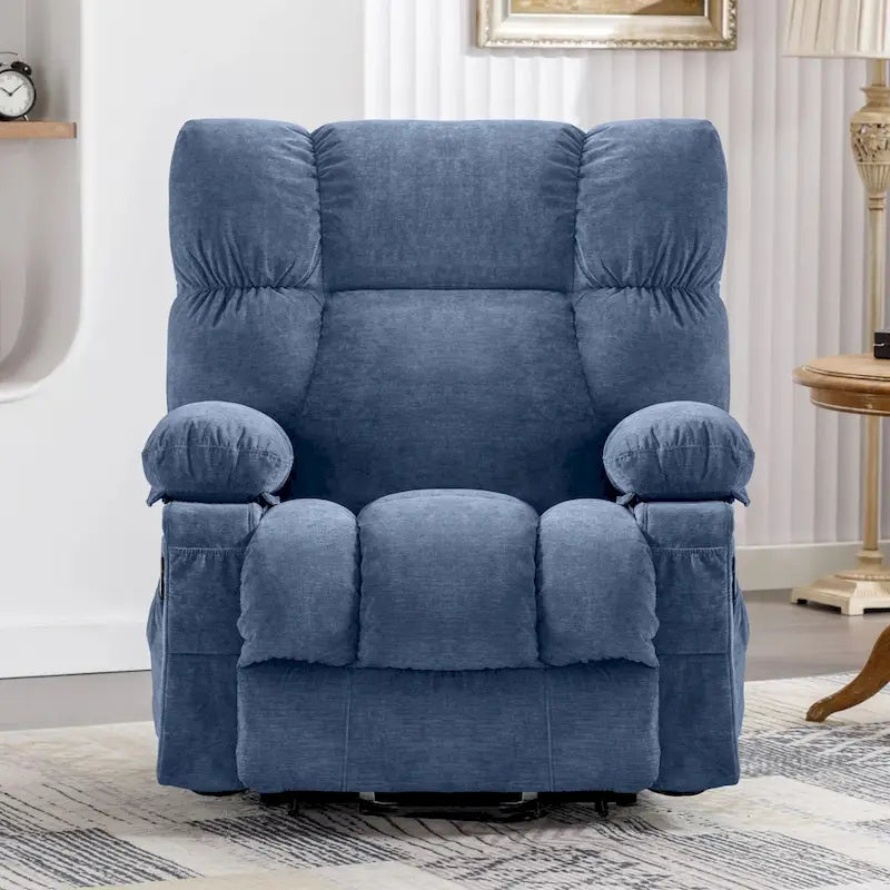 Blauer Power-Aufstehsessel mit Wärmefunktion, Massage, USB-Ladefunktion, seitlicher Aufbewahrung und Fernbedienung
