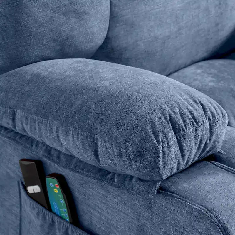 Blauer Power-Aufstehsessel mit Wärmefunktion, Massage, USB-Ladefunktion, seitlicher Aufbewahrung und Fernbedienung