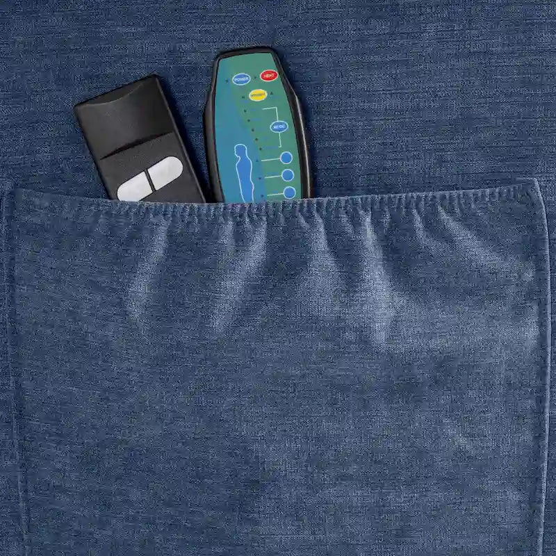 Blauer Power-Aufstehsessel mit Wärmefunktion, Massage, USB-Ladefunktion, seitlicher Aufbewahrung und Fernbedienung