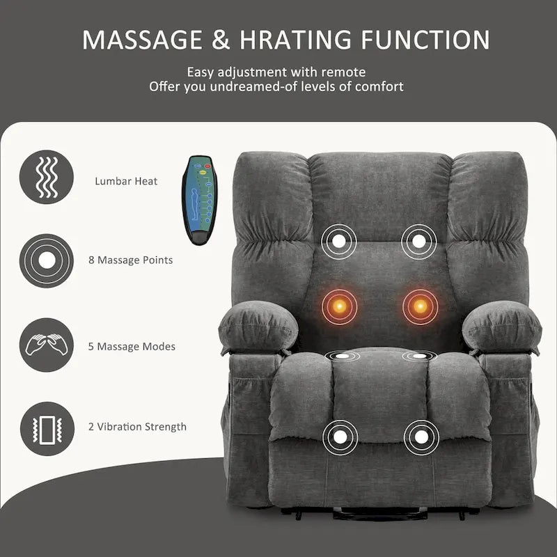Blauer Power-Aufstehsessel mit Wärmefunktion, Massage, USB-Ladefunktion, seitlicher Aufbewahrung und Fernbedienung
