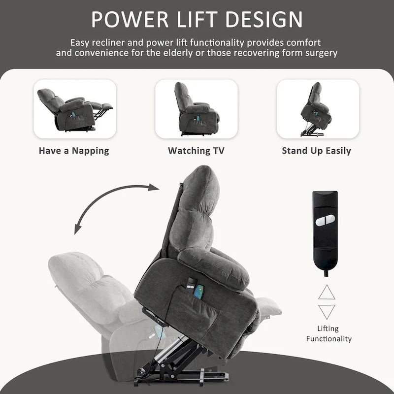 Blauer Power-Aufstehsessel mit Wärmefunktion, Massage, USB-Ladefunktion, seitlicher Aufbewahrung und Fernbedienung