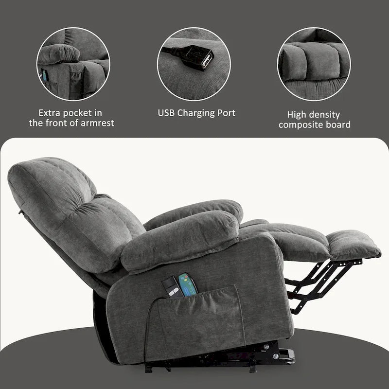 Blauer Power-Aufstehsessel mit Wärmefunktion, Massage, USB-Ladefunktion, seitlicher Aufbewahrung und Fernbedienung